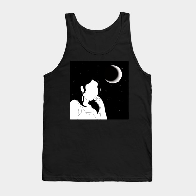 MINIMALIST PORTRAIT FACELESS GIRL MOON AND STARS BLACK AND WHITE Tank Top by Mirai Designs